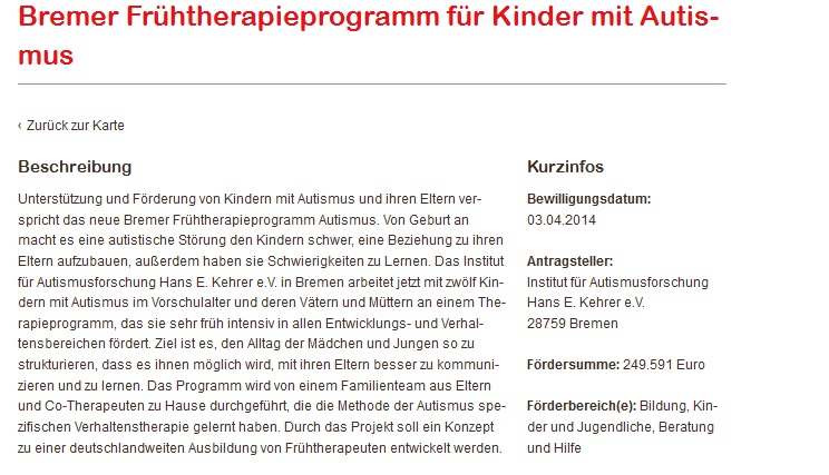 Förderungsbeschreibung auf der Seite der Aktion Mensch. Gefördert wird das Institut für Autismusforschung Bremen mit 249.591 Euro.